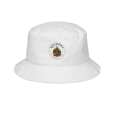Embroidered 'Bourbon' Vintage Bottle Bucket Hat — White Cotton Casual Sun Hat