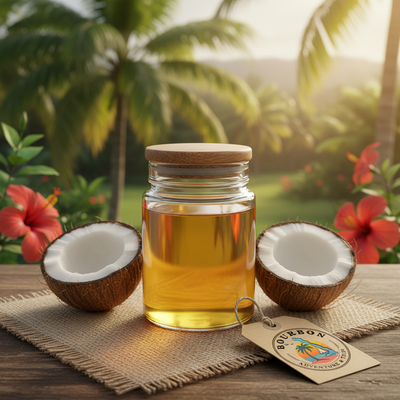 Cold-pressed coconut oil from Bourbon Plantation Cat Island Bahamas