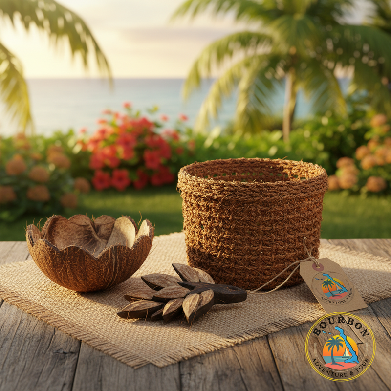 Handcrafted coconut husk crafts from Bourbon Plantation Cat Island Bahamas